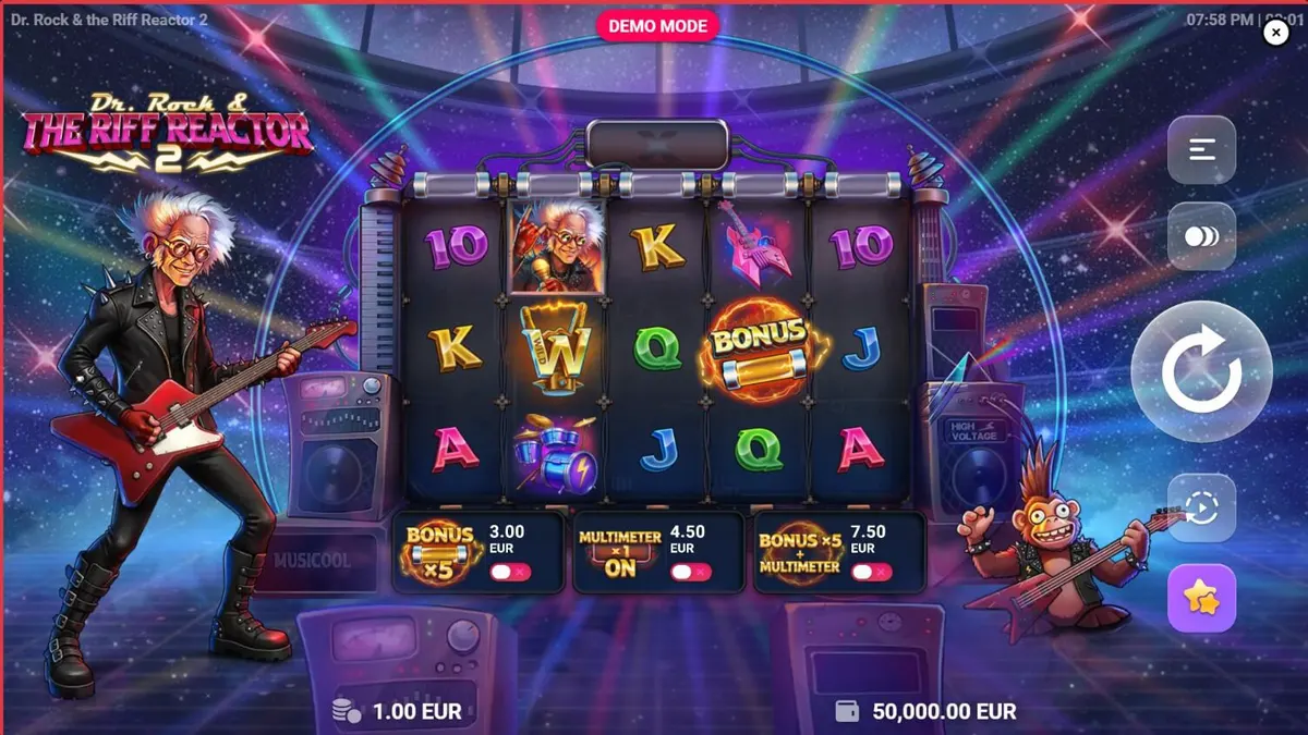 Dr. Rock & the Riff Reactor 2 slot game interface with neon rock concert theme