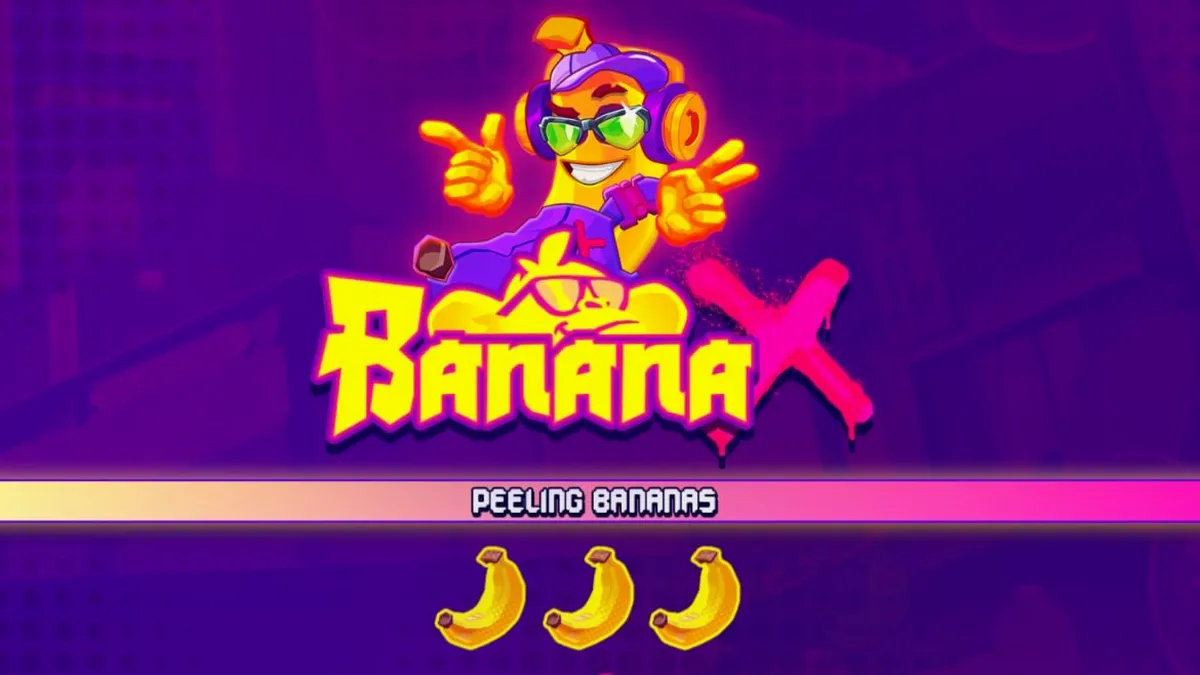 Tampilan layar permainan slot Banana X dengan tema neon dan influencer.
